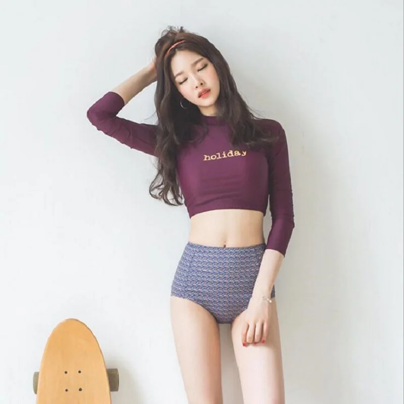 

Bikini Woman Long Sleeve Korean Swimwear Bikini Push up Halter Bathing Suit Female High Waist Separate Bathing Suit Letter Print