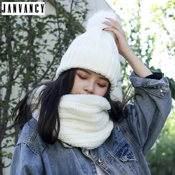 

Winter Ski Vogue Furry Pompon Wool Warm Hat for Women 2pcs Suit Knitted Beanies with Velvet Scarf Plush Windproof Cap Fluffy