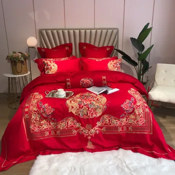 

Luxury 4/6/9 pcsClassical Flowers Embroidery 100S Egyptian Cotton Red Wedding Bedding Set Duvet Cover Bed sheet/Linen Pillowcase