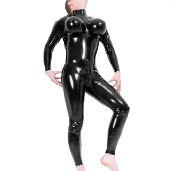 

Men's Exotic Costumes Sexy Black Fetish Latex Zentai Bodysuits With Inflatable Breasts Rubber Catsuits Plus Size Hot Sale LCM047