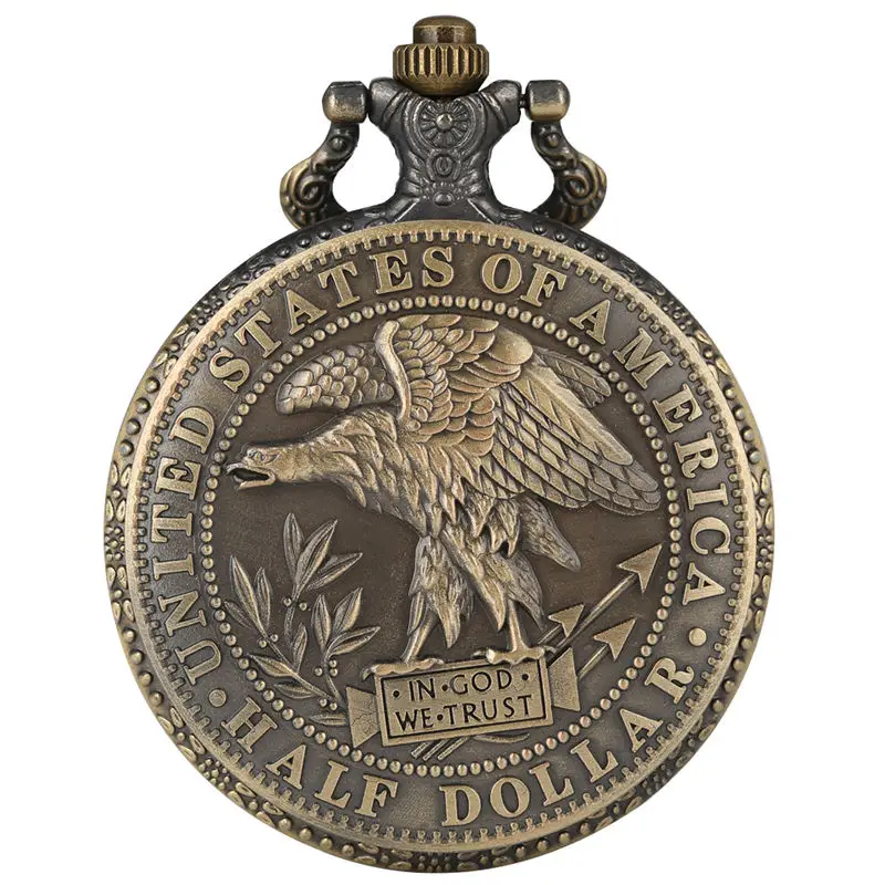 Кварцевые карманные часы с толстой цепочкой в стиле ретро, бронзовые Подвесные часы американская монета Morgan Half Dollar zakhorloge, коллекция монет, подарок