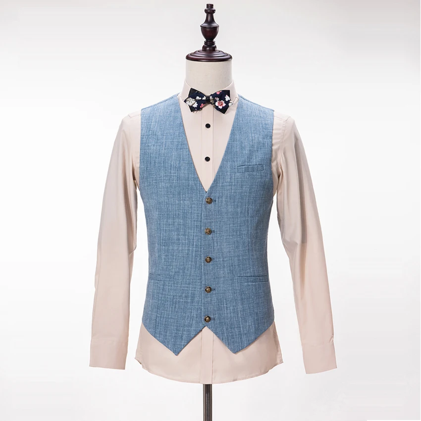 New High quality linen Suits Groom Tuxedos Slim Fit Tailored Suit Peaked Lapel Wedding Suits For Men (Jacket+Pants+Vest)