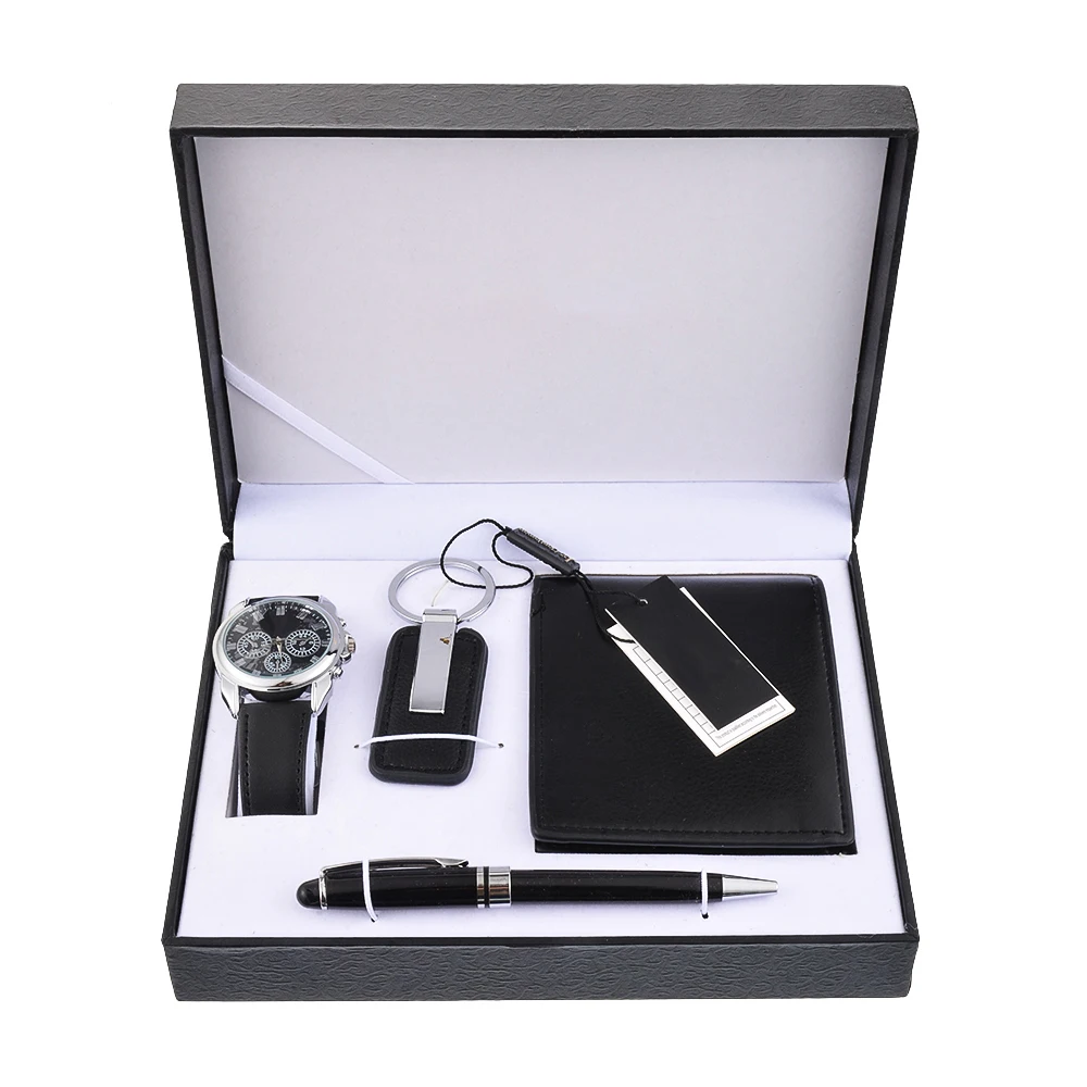 

LASPERAL Men Watch Gift Set Ballpoint Pen Keychain PU Wallet Multiple Time Zone Quartz Wristwatch Luxury Business Reloj Hombre