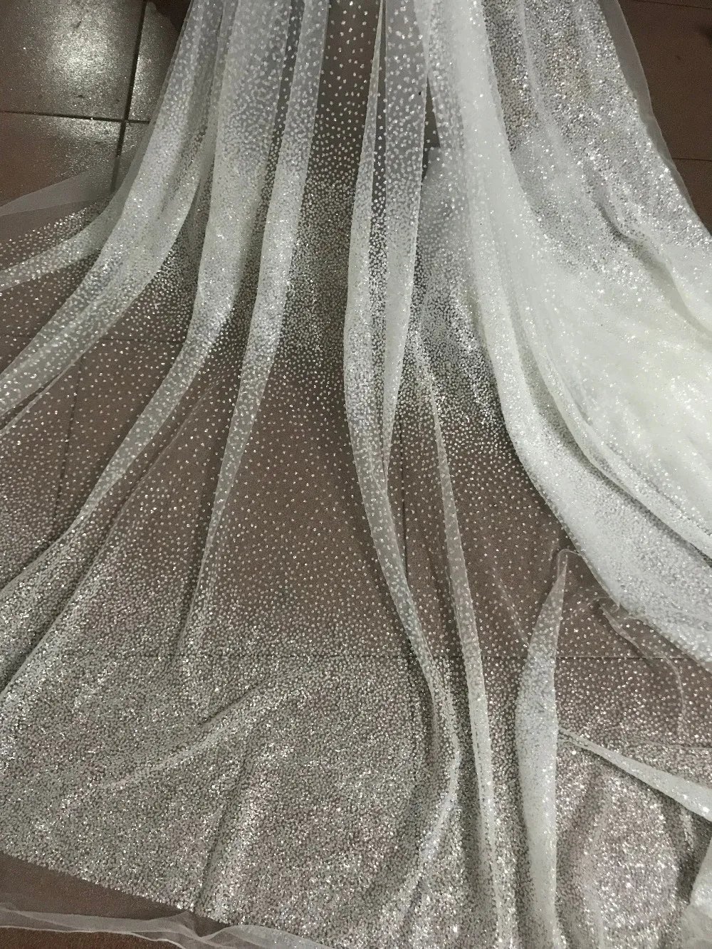 

5yards mesh tulle hand print glitter lace fabric in white color S-11149 for wedding dress/evening dress/party