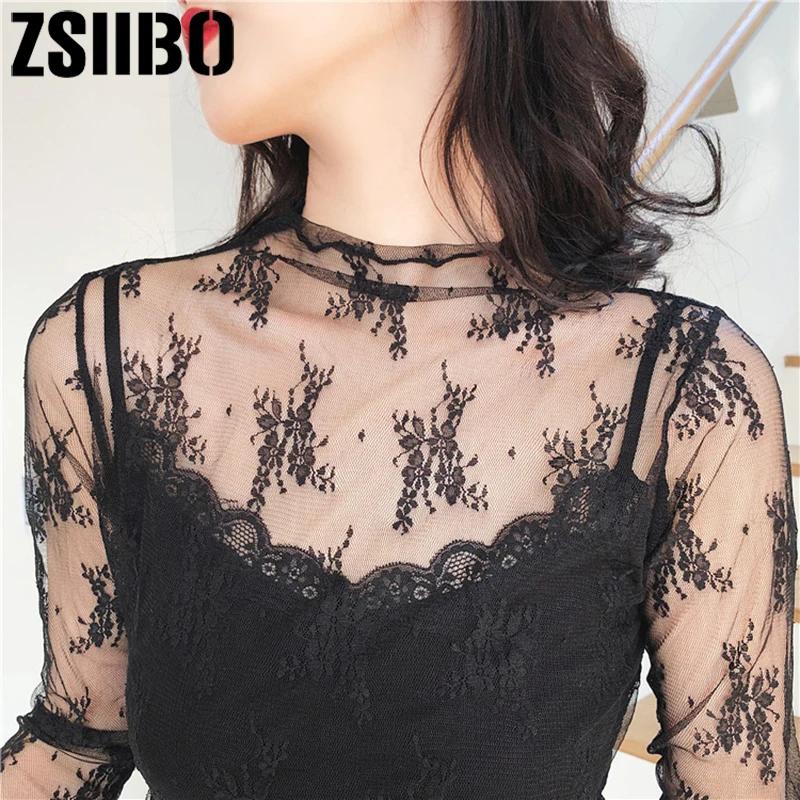 

2019 women blouse spring sexy inside hollow mesh perspective long-sleeved mesh bottoming tops lace Korean version of clothing
