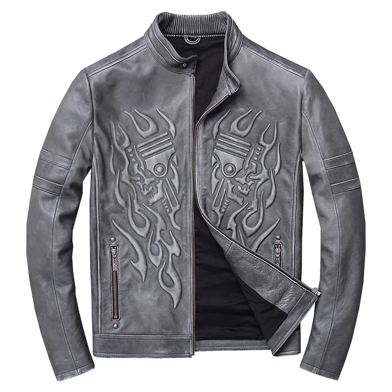 

Mens Genuine Leather Jackets Coats Harley Jacket Motorcycle Men Real Cow Cowhide Punk Hip Hop Skulls Slim Biker jaqueta de couro