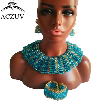 

ACZUV Brand Lake Blue Crystal Jewelry Set for Women African Wedding Crystal Beads Necklace ad Earrings AS008