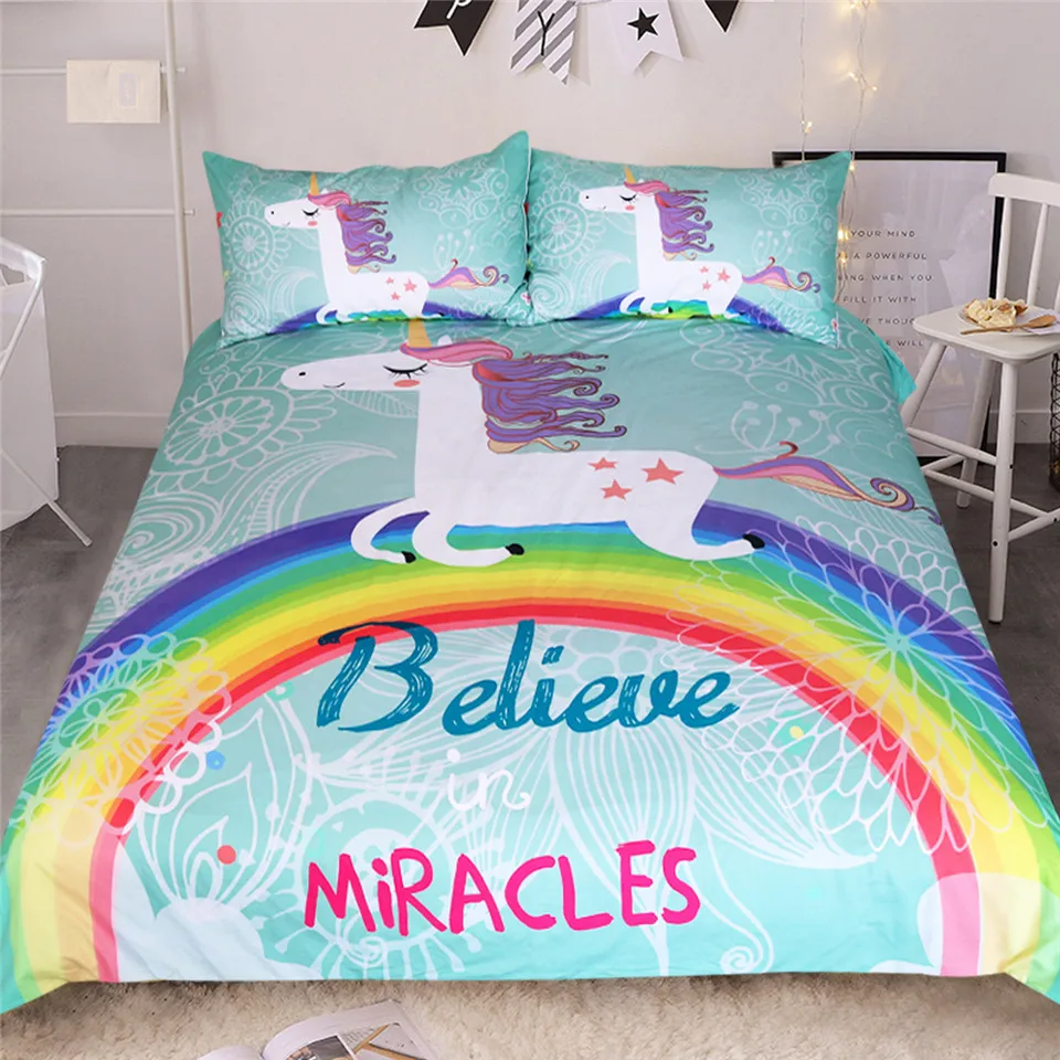 BeddingOutlet Unicorn Bedding Set Believe Miracles Cartoon Single Bed Duvet Cover Animal for Kids Girls 3pcs Rainbow Bedspreads