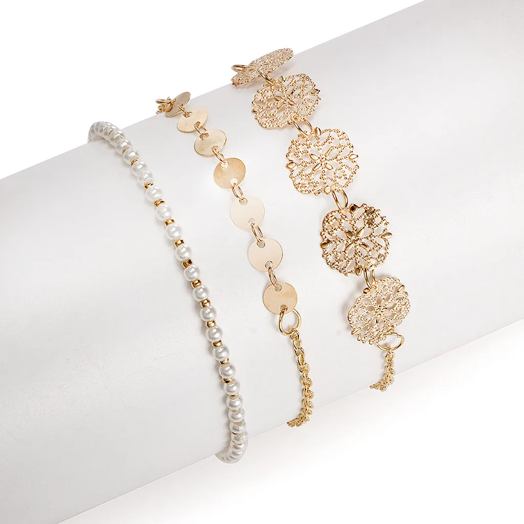 

Zerotime #H5 NEW FASHION Retro Carved Hollow Round Pearl Alloy Bracelet 3 Piece Set Free Shipping