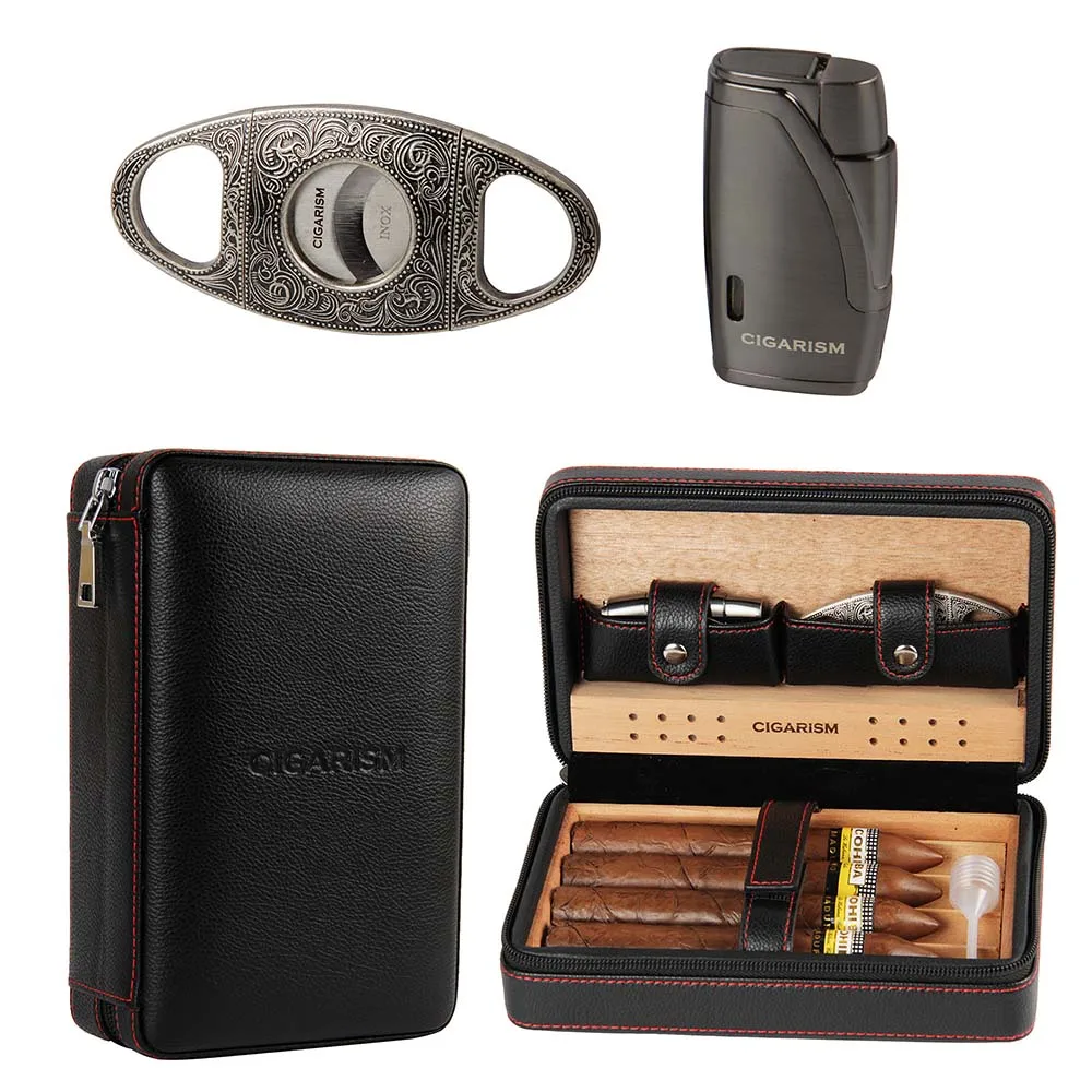 CIGARISM Cedar Lined Cigar Case Travel Humidor W/ Cutter Lighter Set 4