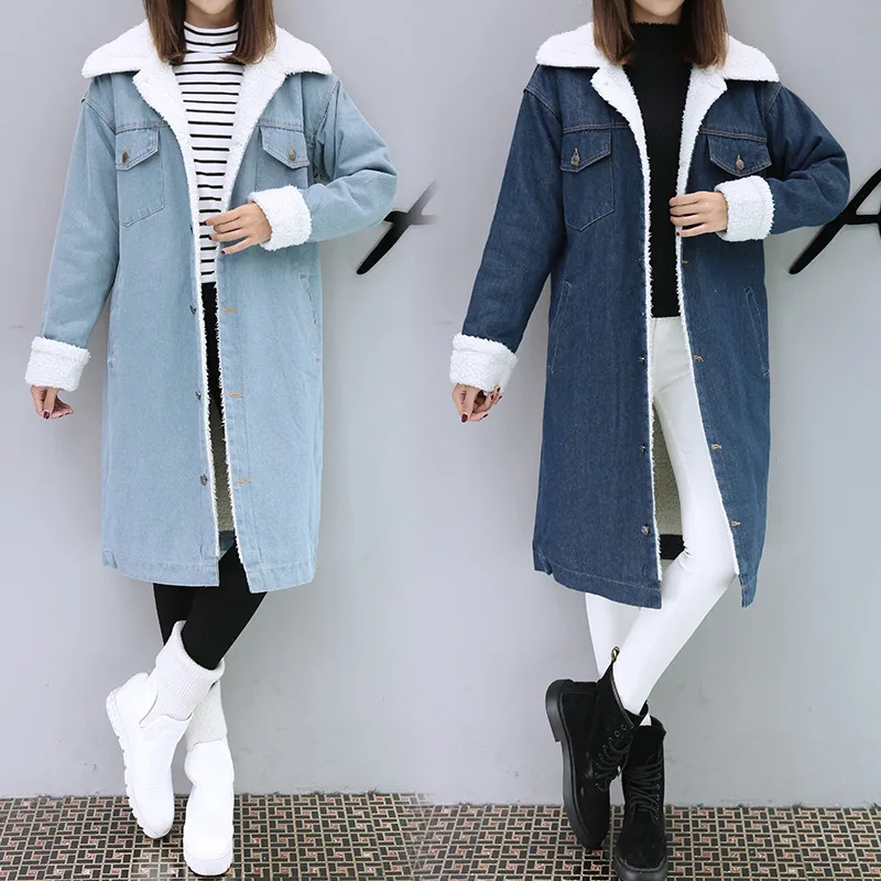 Koop Hodisytian Winter Mode Vrouwen Geul Dikke Jas Volledige Mouw Fleece Warm Slanke Lange Denim Windjack Bovenkleding Casaso Femme