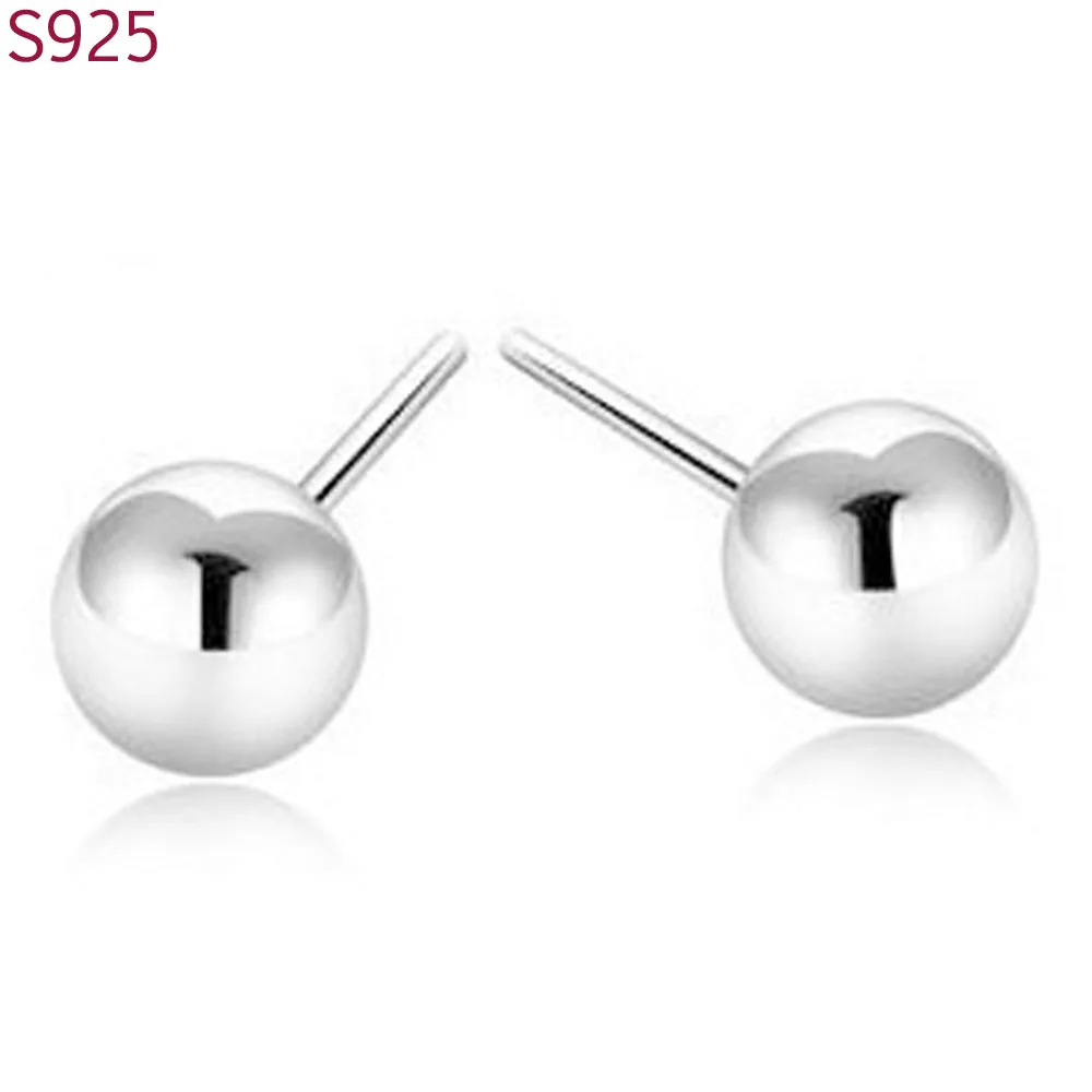 Настоящие однотонные 925 пробы серебряные серьги-гвоздики для женщин и мужчин, ювелирные изделия с круглыми шариками, Классические мужские женские серьги
