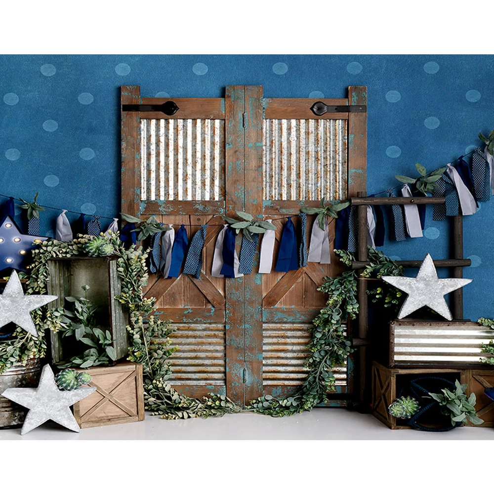 

Blue Wall Old Wood Door Newborn Photography Backdrop Printed Boxes Ribbons Green Vines Stars Baby Boy Kids Photo Background