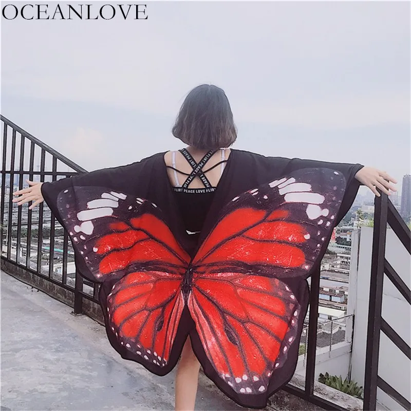 Женское кимоно с принтом бабочки OCEANLOVE Harajuku Свободный Топ рукавами летучая мышь