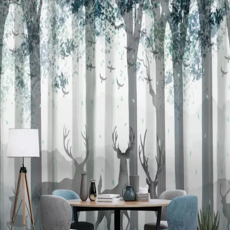 

Modern minimalist hand drawn fresh forest elk Nordic sofa TV background
