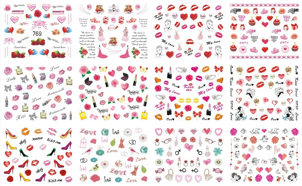 12 упаковок/лист водяные наклейки для ногтей художественные наклейки различные изображения сердца/губ на ногтях одуванчиков Наклейки Маникюр для влюбленных Z021