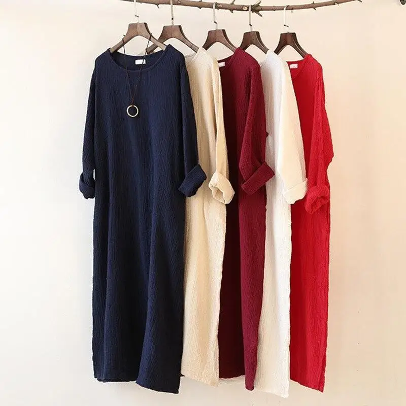 Женское льняное платье с длинным рукавом большого размера|linen dress|cotton linen dresssleeve