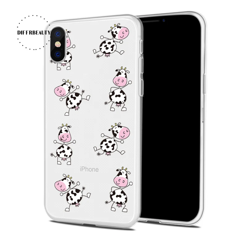 

Phone Cases For iPhone X 8 6 7 6 Plus 5SE Fashion Cute Cartoon Cow Pattern TPU Soft TPU Transparent DIFFRBEAUTY Silicone Coque