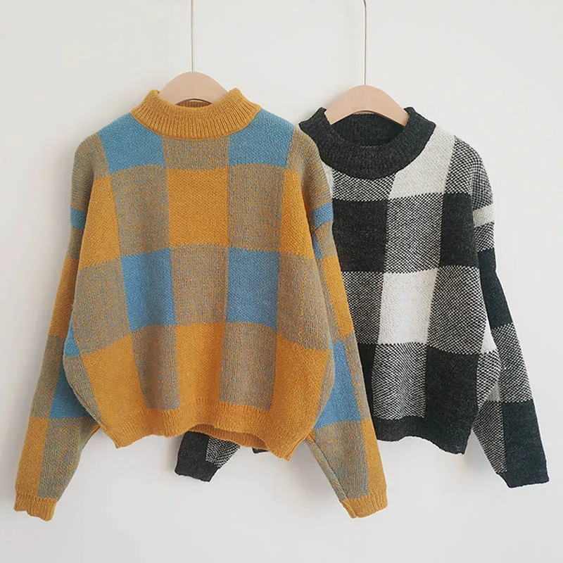 Женские пуловеры в клетку, милые осенние и зимние новые корейские свободные свитера ярких цветов