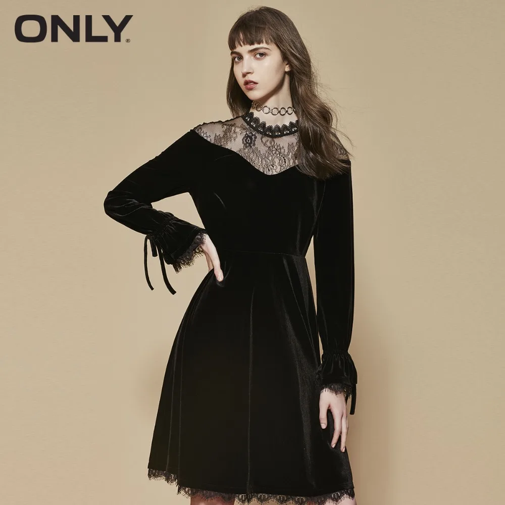 

ONLY womens' winter new stitching velvet slimming dress Lace-up elastic cuffs Back invisible zipper|118361534