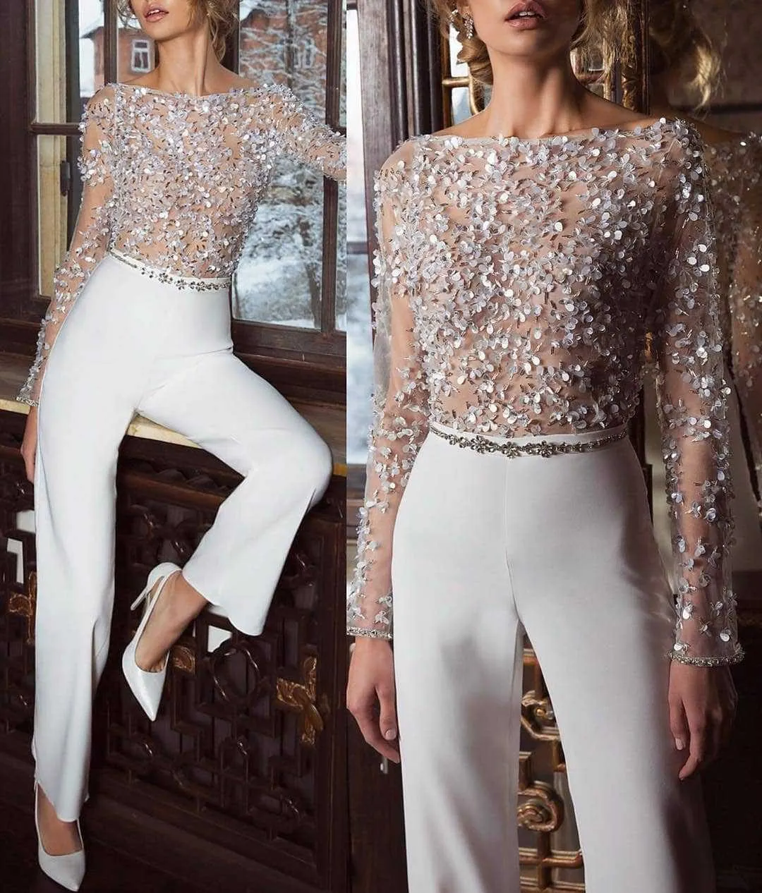 

New Women Sexy Slim Petals Appliques Perspective Jumpsuit Casual 2019 Fashion Long Sleeve Elegant Party Rompers Sequined Overall