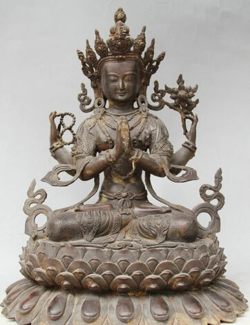 

JP S0524 13" Old Tibet Buddhism Bronze 4 arms Chenrezig Buddha Avalokiteshvara Statue