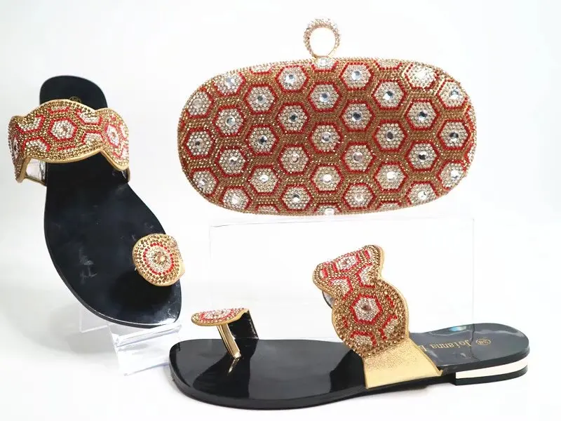

Gold slippers shoes with many stones lovely nice shoes and bag matching set size 38 to 42 with free shipping SB8091-5