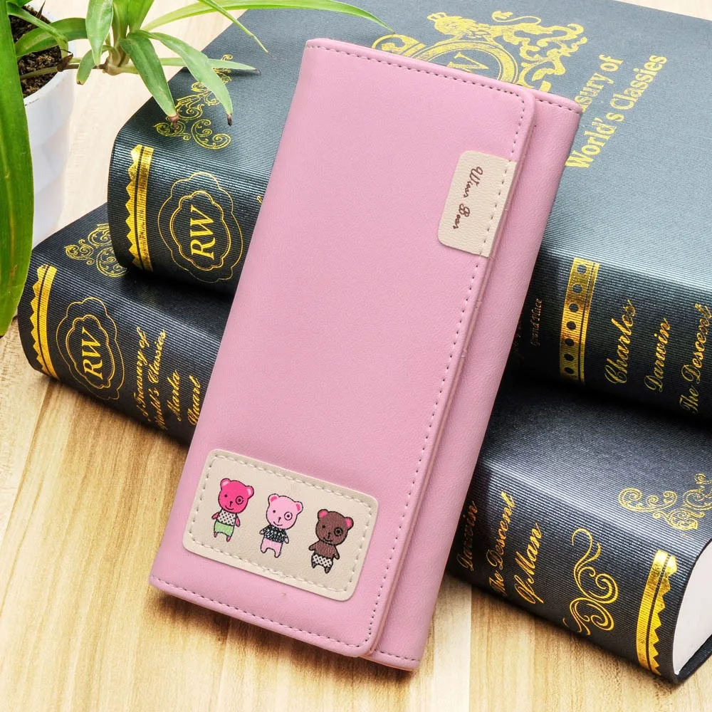 

Women Cute Bear Pattern Coin Purse Long Wallet Card Holders Cartoon Printings Girls Money Bag Foldable Hasp Designed Lady Purse
