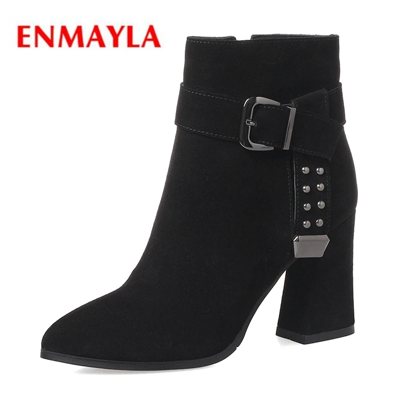 

ENMAYLA New Arrival women pointed toe zipper square heel ankle boots lady fashion solid botas mujer Big size 34-39 ZYL1175