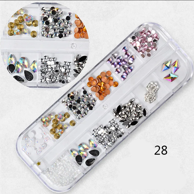 Цветные Стразы для ногтей, 3D великолепные наклейки для ногтей, акриловые УФ-гели с 12 сетками, Жесткий Чехол для украшения ногтей