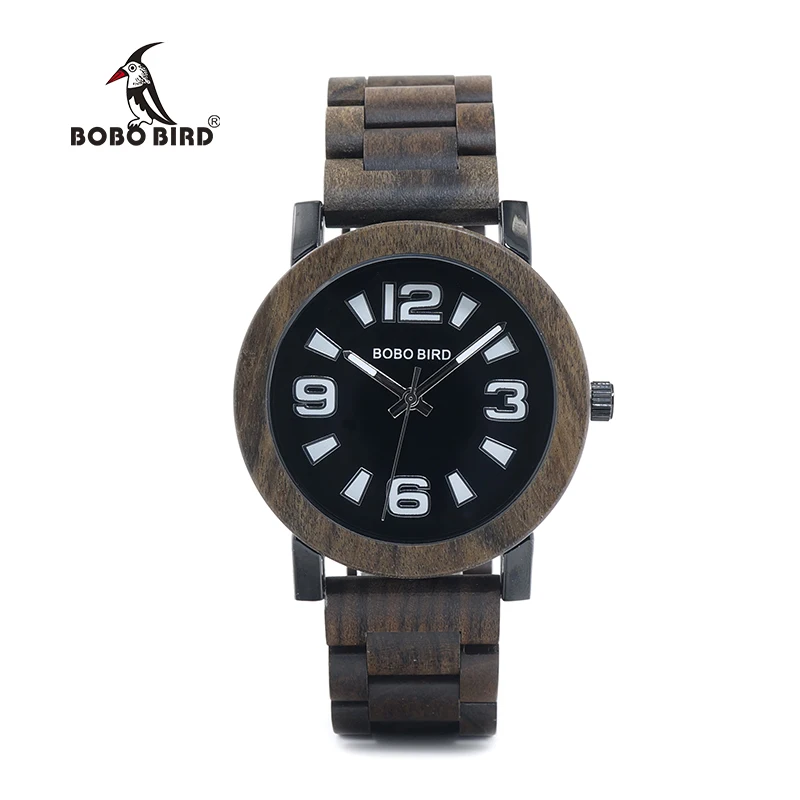 BOBO BIRD WO21O22 Fashion Wooden Metal Watches for Men with Big Number Wood Band Quartz Watch in Wooden Box