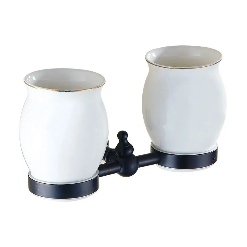 Cup & Tumbler Holders Brass Bathroom Toothbrush Holder Black Double Ceramic Cups Wall Mount Luxury Bathroom Accessories