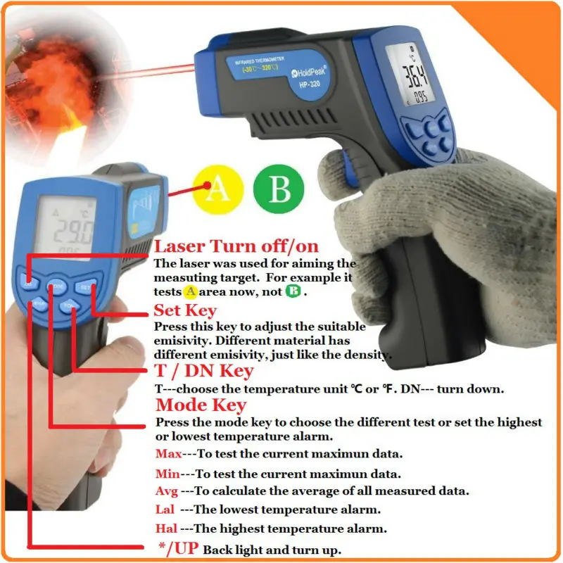 

HoldPeak LCD Infrared Thermometer Non Contact Digital Thermometer Gun with Laser HP-320