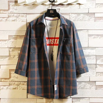 

2019 Fashion Plaid Men's Striped Shirts Three Quarter Sleeve Casual Shirt Japan Shirt M-4XL 5XL Plus Asian Size Blouse