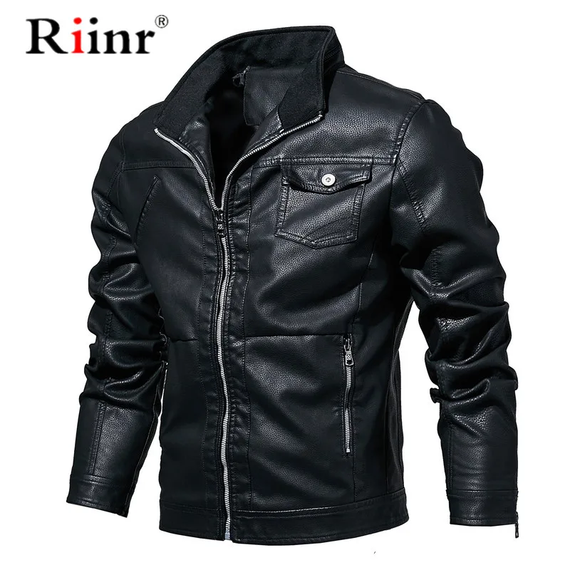 

Riinr Mens Leather Jacket Slim Short Leather Jackets Stand Collar Casual Male Motorcycle Leather Jacket Windbreaker Coats