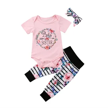 

Newborn Kid Baby Girl Clothes Set Pink Tops Letter Floral Romper+ Flower Stripe Pants+Headband 3pcs Outfits Clothing set