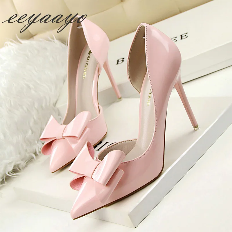 

2019 New Spring/Autumn Women Pumps High Thin Heel Pointed Toe Butterfly-Knot Sweet Bridal Wedding Women Shoes Pink High Heels