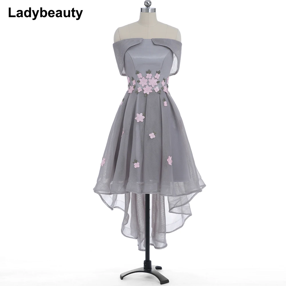 

Gray Evening Dresses 2018 Off Shoulder Sexy Lady Appliques Flower Short Front Long Back Dress Formal wedding party gown