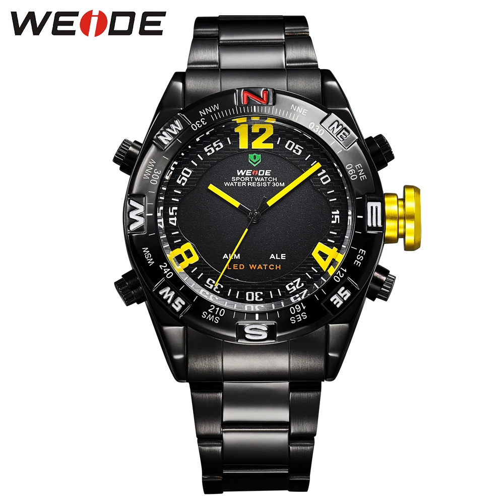 

New Brand WEIDE Watch Men Sport Style Analog Digital Display 30 Waterproof Small Dial Black Stainless Steel Strap Outdoor Watch