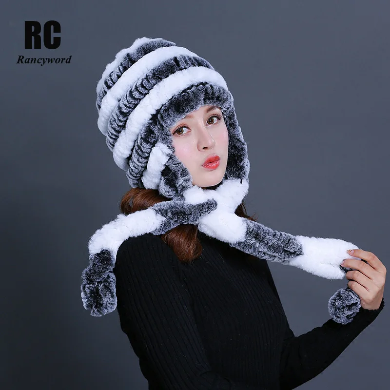 

[Rancyword] Women's Hat Scarf Winter Natural Fur Hat and scarf Set Female Thick High Quality Hats Cap For Women Hats New RC1405