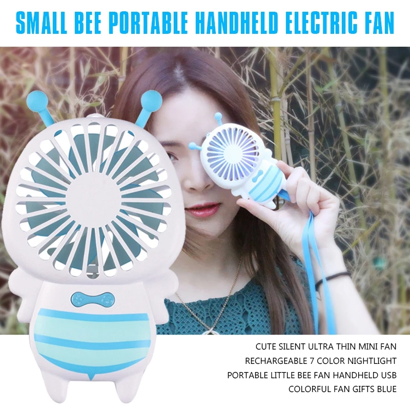 

Cute Silent Ultra Thin Mini Fan Rechargeable 7 color Nightlight Portable Little Bee fan Handheld USB Colorful Fan Gifts blue