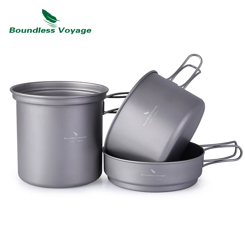 Boundless Voyage Titanium Pot Pan Set con mango plegable al aire libre Camping Picnic mochilero sopa sartén Kit lío