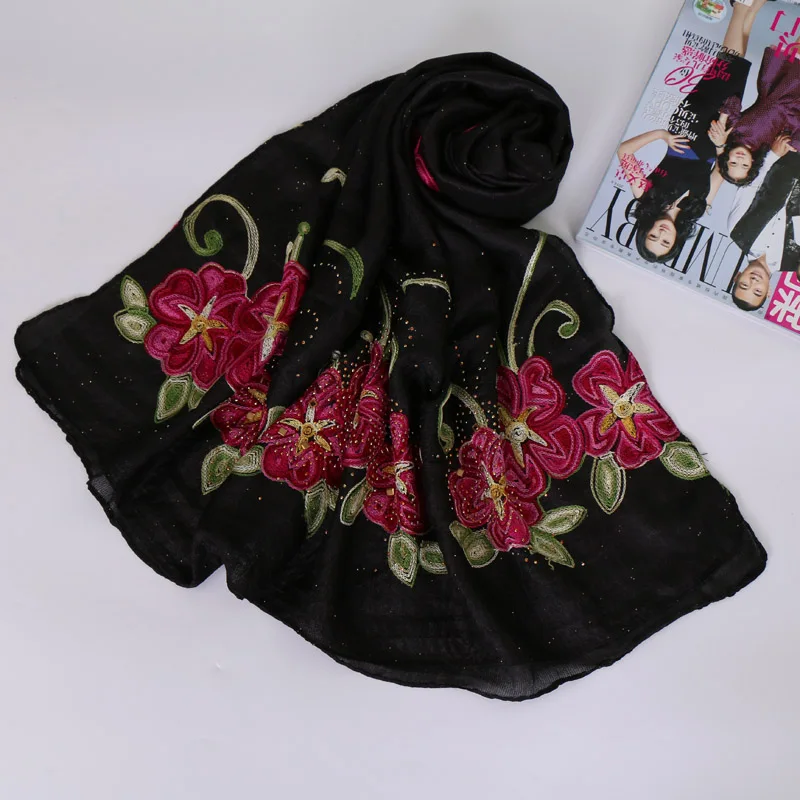 Женские вышитый цветок шарф блеск шелка лен шарфы мусульманские хиджаб обертывание шарфы-повязки/платки 10 цветов 180*85 см 10 шт./лот