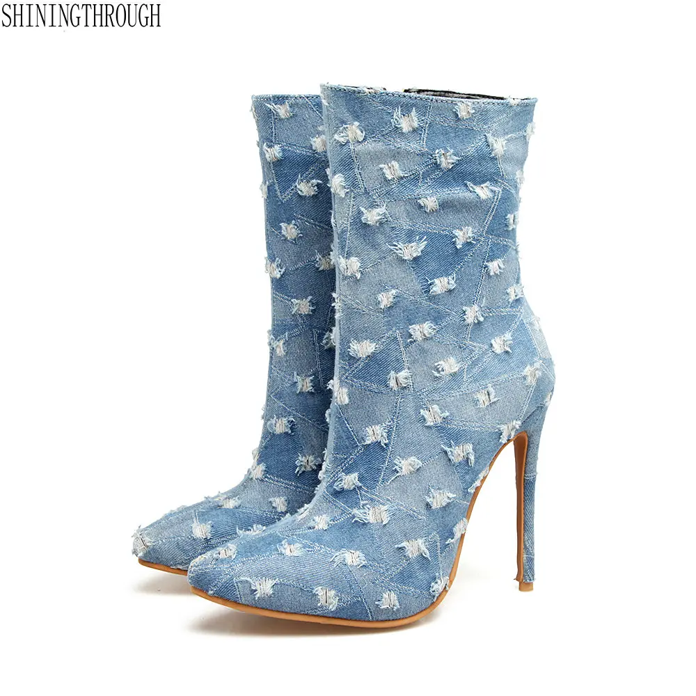 

Denim Women Boots 12cm thin high Heels shoes woman ladies sexy poined toe dress party wedding club shoes woman large size 43