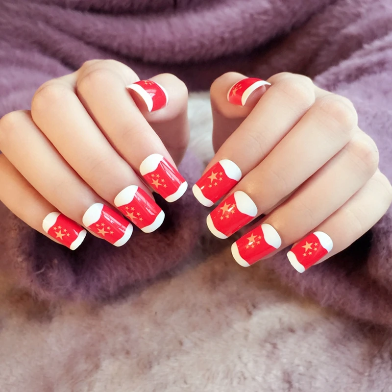 24Pcs Red False Nails Tips Chinese Flag Nails Art Chinese Style 24Pcs Red False Nails Tips Chinese Flag Nails Art Chinese Style Acrylic Fake Nails Manicure Tools Z269 - 24Pcs Red False Nails Tips Chinese Flag Nails Art Chinese Style