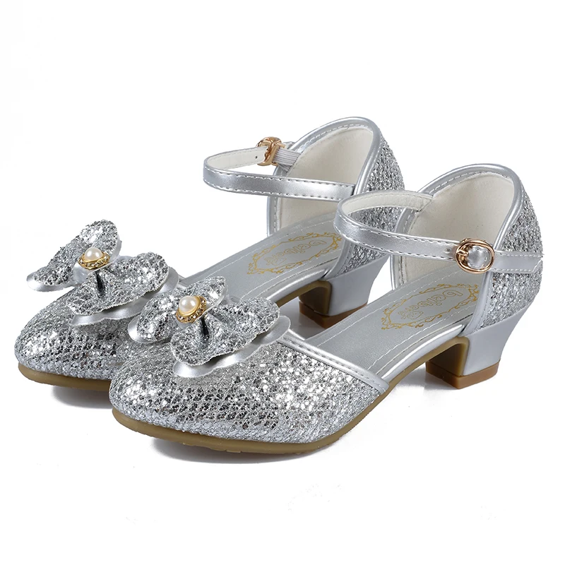 

ULKNN Girls heels bow children's high heels shoes dance performance shoes leather shoes silver pink fashion 2019 Hot