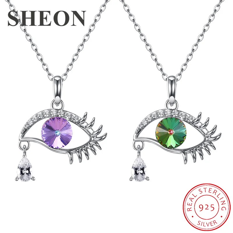 

SHEON Luxury 100% 925 Sterling Silver Lucky Crystal Eyes Tear Necklaces & Pendants for Women Collares Fine Jewelry 2 Colors
