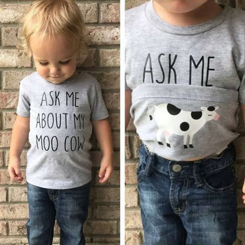Забавная футболка для мальчиков новые рубашки с надписью Ask me Moo Cow детские топы