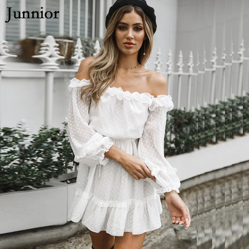 

Spring Chiffon Solid Color Collar Shoulder Long Sleeve Lotus Leaf Ear Wave Dress Short Dress Loose Women Dress