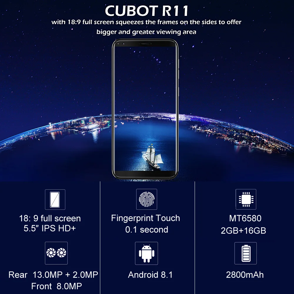 CUBOT R11 3G WCDMA отпечатков пальцев 18:9 HD+ мобильный телефон 5,5 ''8-Core 2 GB 16 GB передняя 8MP сзади 13+ 2мп камеры смартфон